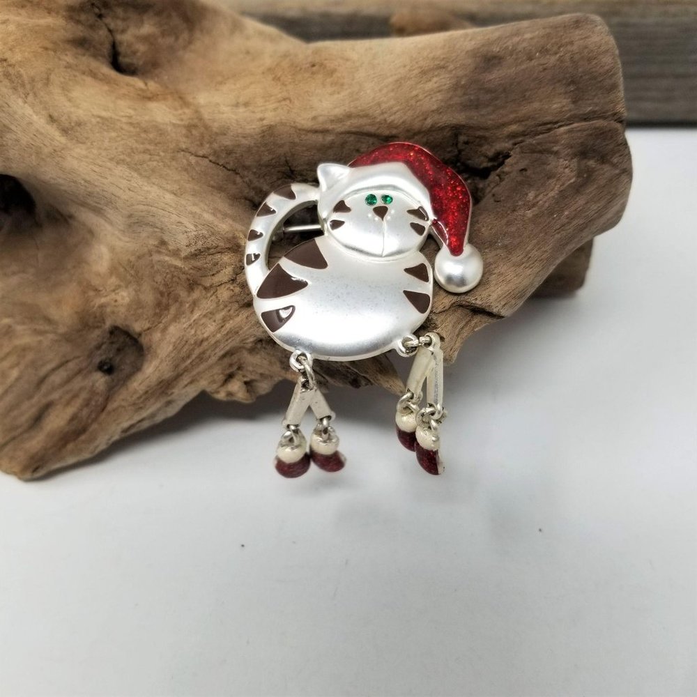 Santa Kitty Cat Pin Brooch Cute Glitter Hat & Feet - Picture 5 of 6